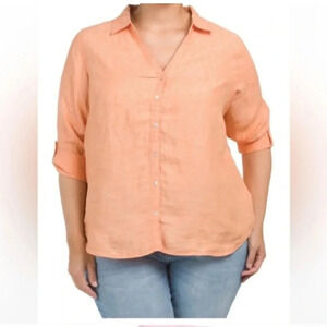 NWT Sigrid Olsen 100% Linen Button Up Blouse Plus 1X Roll Tab Sleeves Coral Top